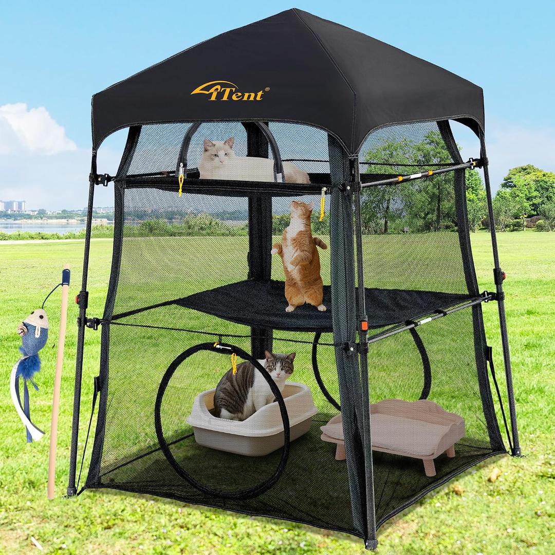 Automatic Pop-Up Cat Enclosure|3-Tier Cat Tent|Cage|Outdoor Catio with Patent,Breathable Portable & Foldable, Stable Structure for Indoor/Outdoor, Free Teaser Wand,Friendly Connectable playpen-Black