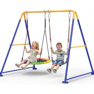 2-in-1 Swing Set for Backyard for Kids, with 1 Saucer Swing, 1 Belt Swing, 440lbs Metal Swing Set for Toddler, Heavy-Duty Swing Stand w/8 Ground Stakes, Outdoor Swingset for Kids Adults (Blue)