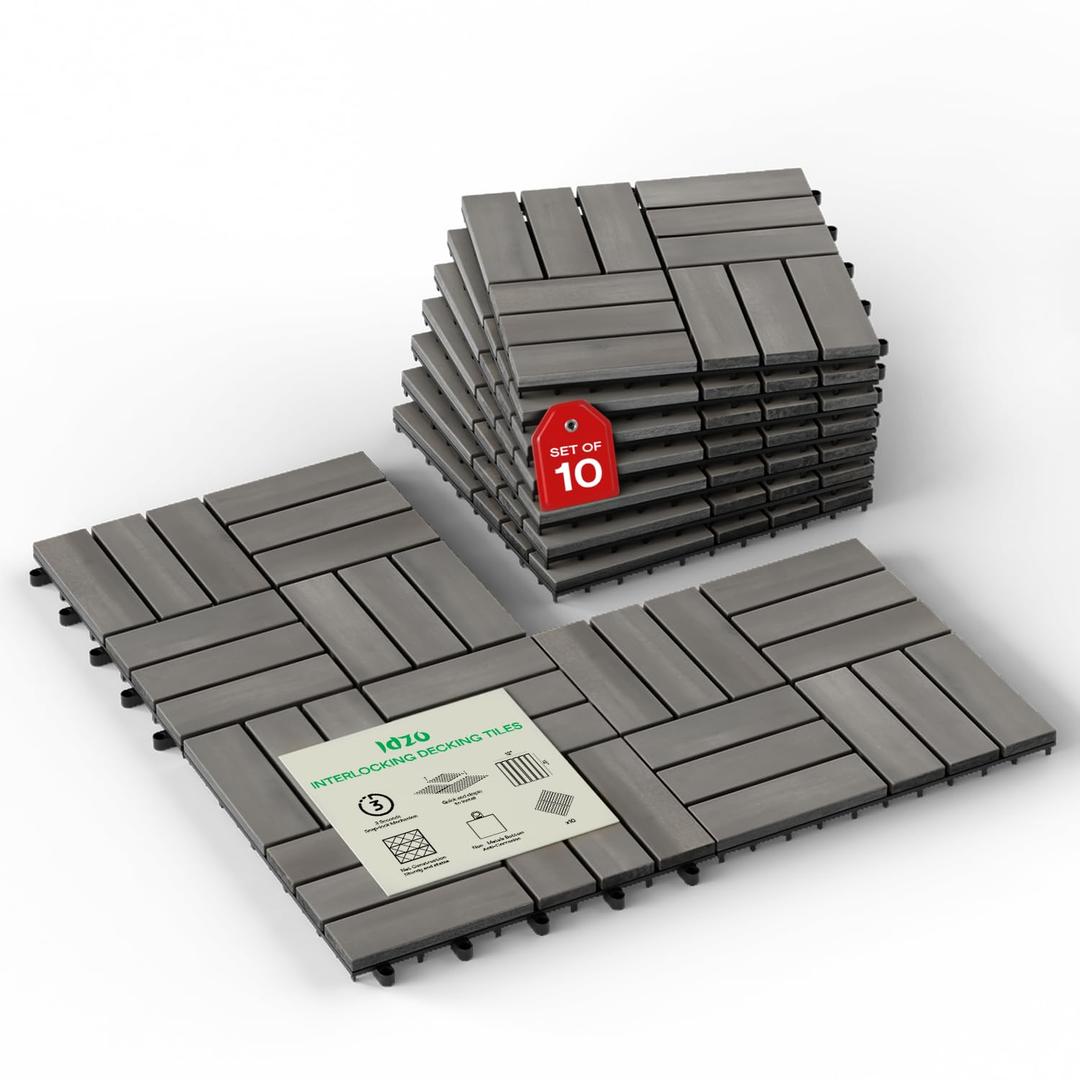 Idzo Interlocking Deck Tiles 9.6 SQFT - 10PCS Waterproof Acacia Wood Patio Tiles, Flooring Tiles for Indoor and Outdoor - 12 Slats Decking Checker Pattern, 11.81 x 11.81 x 0.91 Inches, Gray