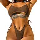 One Piece Swimsuit, Sexy High Cut Monokini, Rave Outfits, Tan Through Swimwear Slingshot Cutout Thong Tie Bikini (Large, Brown)