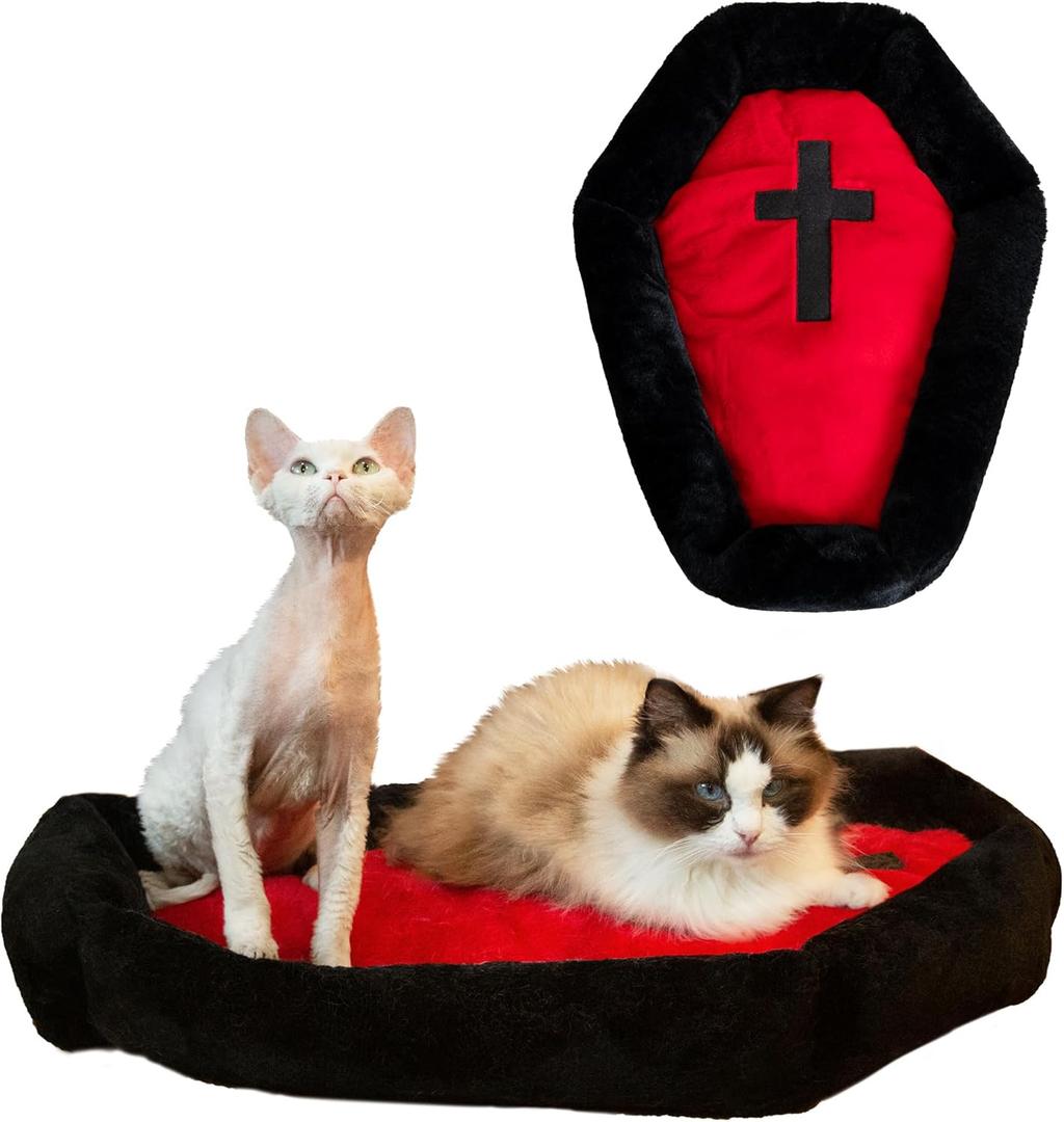 Purrzone Gothic Cat Beds Fits up to 25 lbs, Washable Coffin Cat Bed, Goth Pet Bed, Halloween House 24 * 16.9 Inch, Red & Black Small