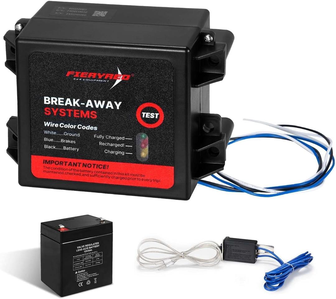 FIERYRED LED Test Trailer Brakes Breakaway Kit with Battery and Switch, Side Load Break-Away Controller System, Built in 12V 5AMP Charger