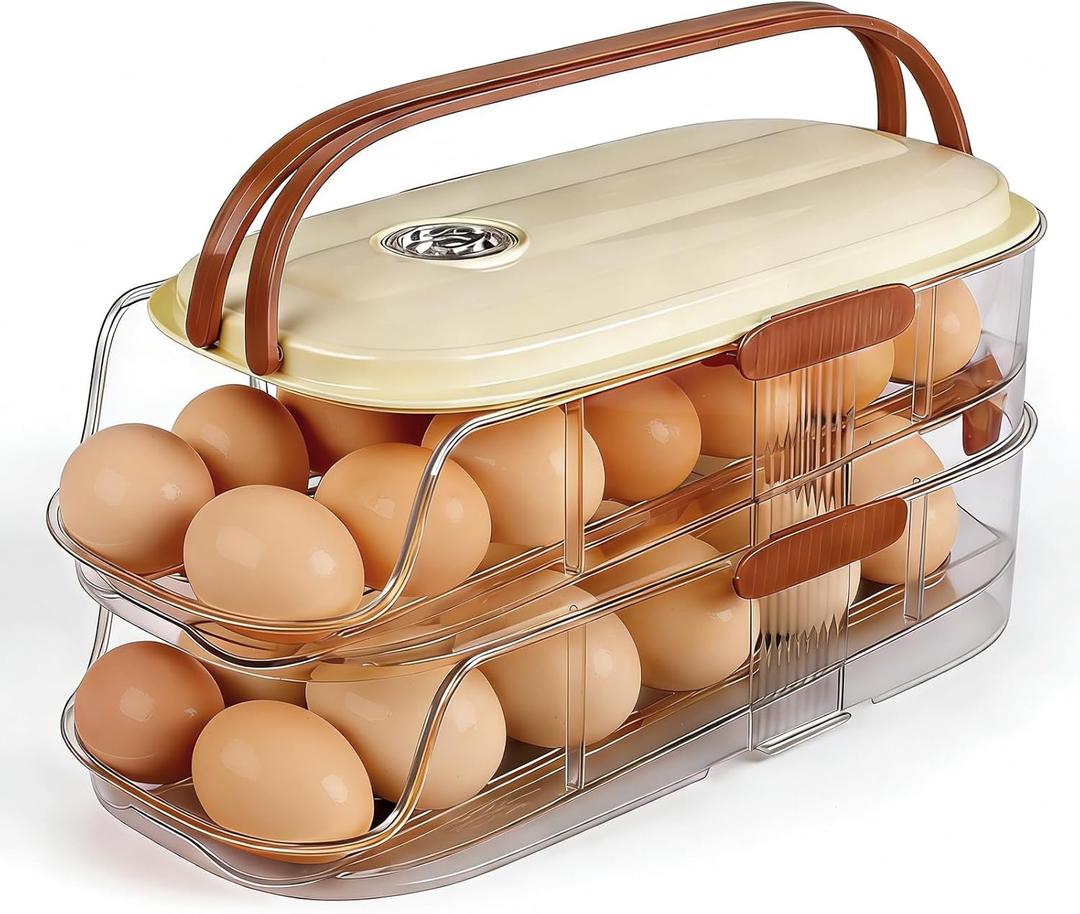 Egg Holder For Fridge, Clear Egg Organizer For Refrigerator With Lid And Handle, Automatic Rolling Eggs Holder For Fridge, Eggs Container For Counter Top, Kitchen, Outdoor (Double Column)