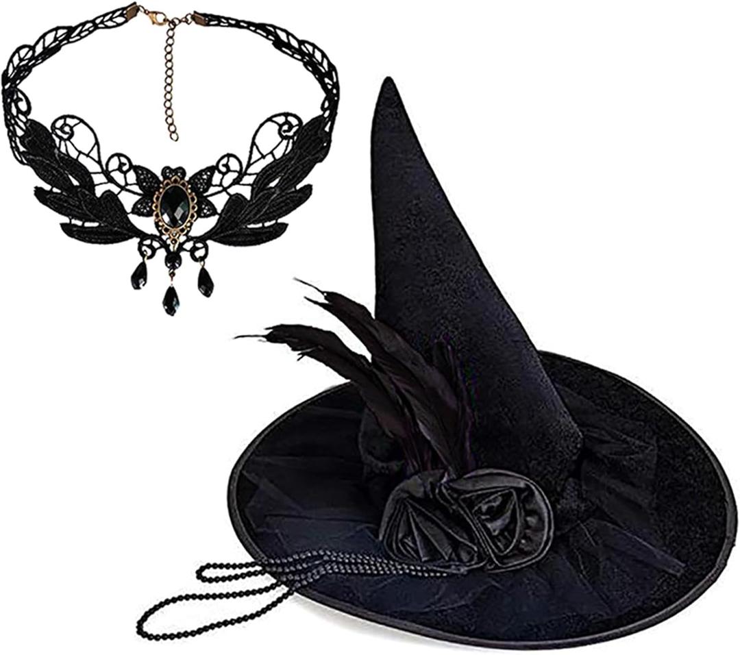 Witch Hat and Rhinestones Necklace Set Women's Halloween Hat Roses Decoration Hat for Themed Parties and Celebrations (Black)