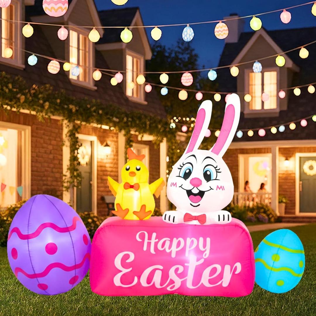 5.6FT Easter Inflatables Outdoor Decorations Bunny Blow Up Color Eggs and Chick, Built-in LED Lights Happy Easter Decor for Home Outside Yard Lawn Garden Holiday Party