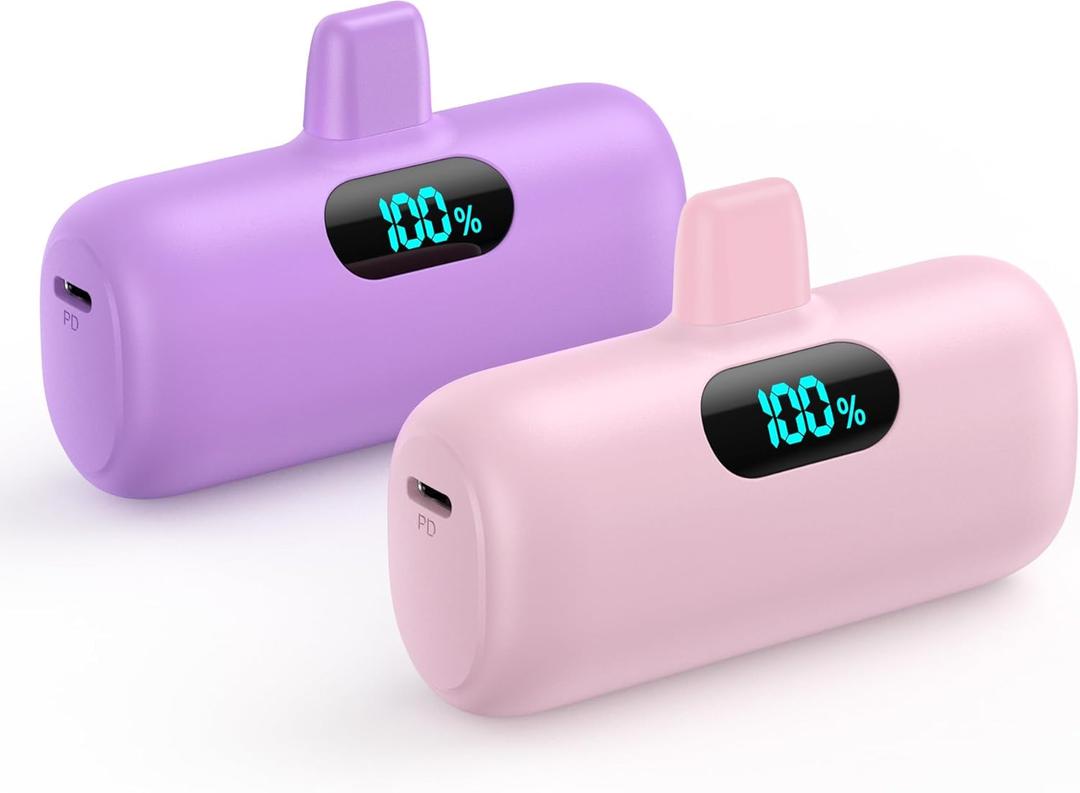 [2 Pack]Mini Portable Charger 5000mAh for iPhone,Ultra-Compact 15W PD Power Bank,LCD Display Cute Battery Pack Backup Charger Compatible with iPhone 14/14 Pro Max/13/13 Pro/12/XR/8/7/6,Pink +Purple