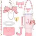 Rabrgab 7Pcs Pink Stanley Cup Accessories for 40Oz 30Oz 20Oz, Women Teen Girls Gifts, Stanley Tumbler Cup Decoration with Straw Topper, Bow Charm, Silicone Boot, Handle Strap, Letter Sticker J