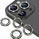 AGVEE 3+3 6 Pack for iPhone 15 Pro 6.1" / 15 Pro Max 6.7" Camera Lens Protector, Bling Diamond & Bling Glitter Metal Ring 9H Tempered HD Glass Camera Cover Film, Bling-Black