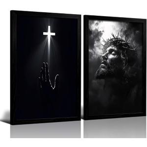 RUURUU 2Pcs Framed Black and White Christian Canvas Wall Art Jesus Christ Cross Wall Decor Redemption Faith Posters Religious Home Decor for Church Prayer Room Living Room Office 16x24inches