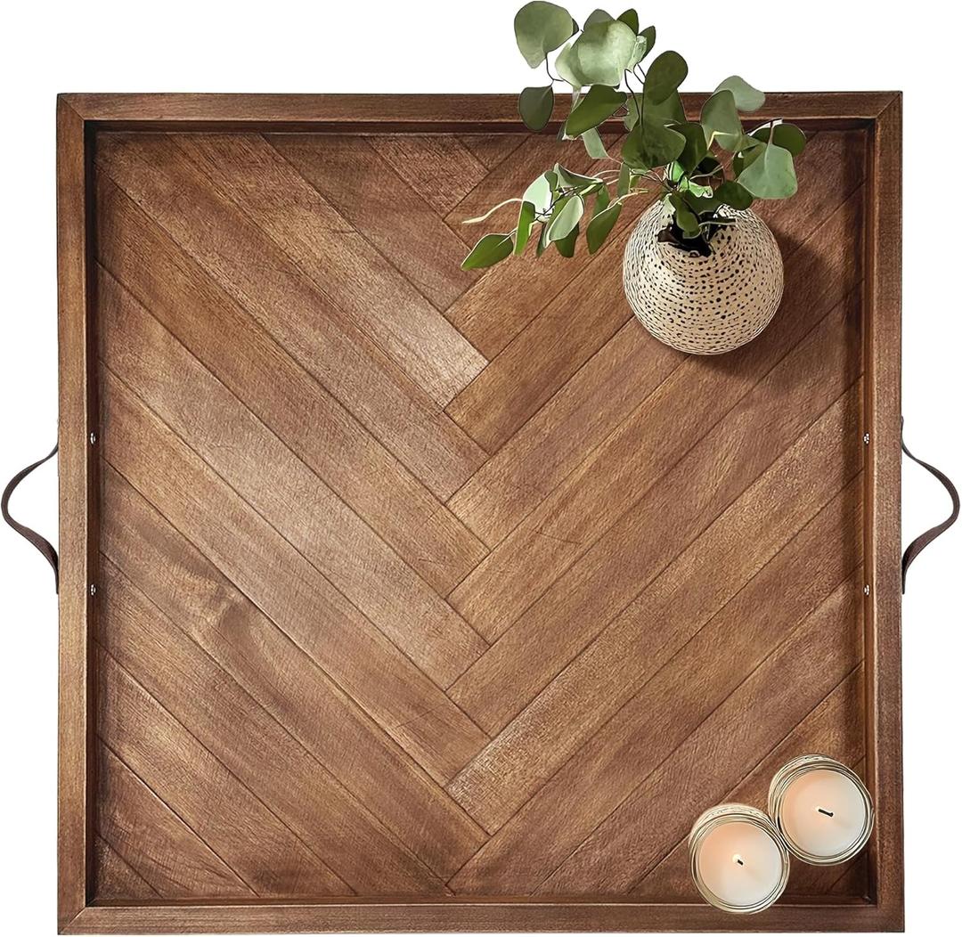 Tray for Ottoman 24 x 24 Inches, Square Ottoman Trays, Large Wooden Tray with Leather Handles, Food Serving Trays for Dinner, Breakfast, Snacks.