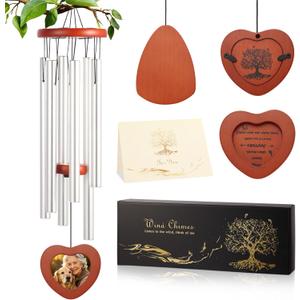 Memorial Wind Chime for Loss of Loved One, Sympathy Gift with Photo Frame for Mother Father Pet, 33" Deep Tone Healing Bereavement & Remembrance Gift (Silver)