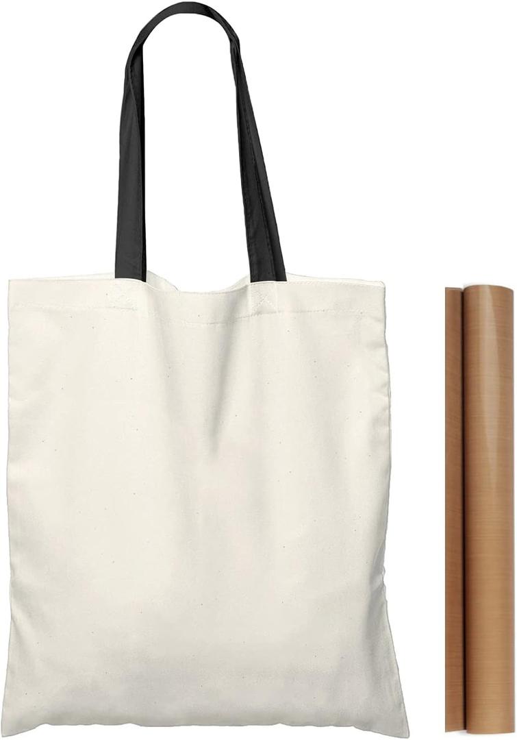 NPBAG 15 Pack 15'' X 16'' Natural Cotton Tote Bags, Lightweight Blank Bulk Cloth bags with 1pc of PTFE Teflon Sheet (Medium, Black Handle)