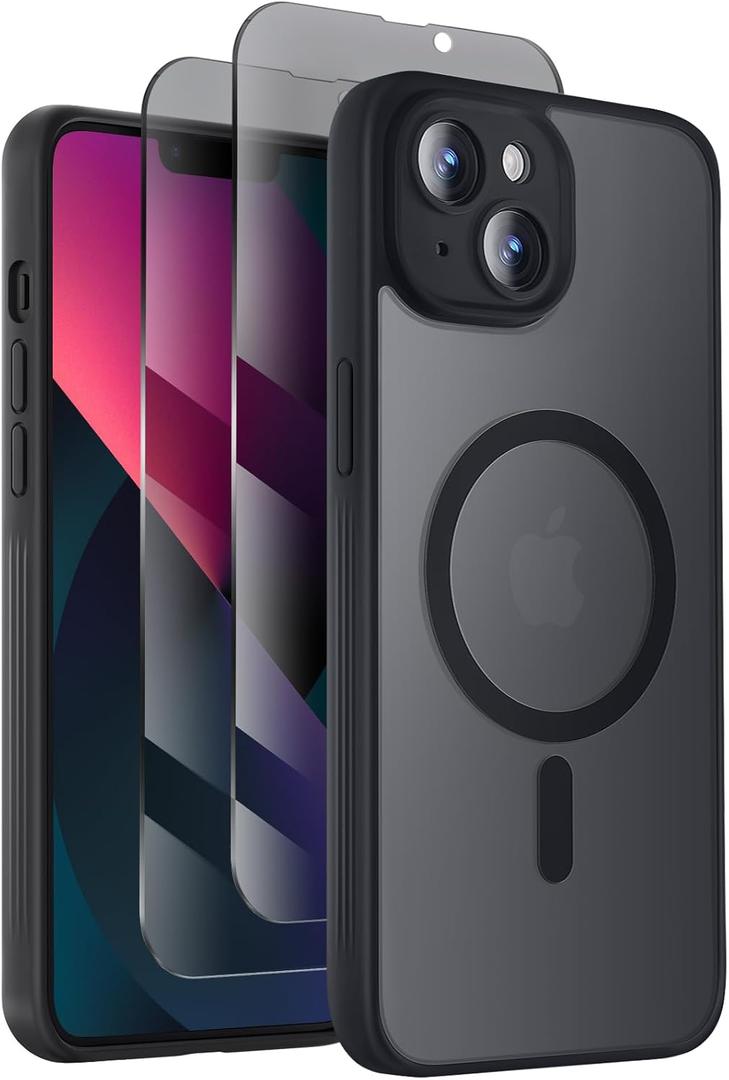 Symcele Designed for iPhone 13 Case, Compatible with MagSafe, with Privacy Screen Protectors X2, [Camera Protection] [15FT Military Drop Protection] Shockproof Phone Case, 6.1", Black