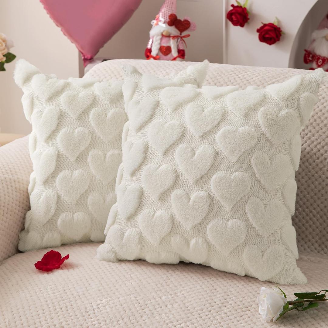 DFXSZ Valentines Pillow Covers 18x18 inch Set of 2 Valentines Day Decoration Cream White Heart Soft Plush Faux Fur Jacquard Throw Pillows for Bedroom Sofa Holiday Festivals Home Decor PTK017C18