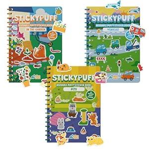 Stickypuff Value Pack - 3 Reusable Puffy Sticker Book for Toddlers - Puffy Stickers for Toddlers - Travel Activities for Kids Ages 4-8 - Screen Free Birthday Gifts (Around Us)