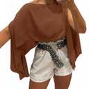 CHICME Womens Off The Shoulder Flowy Tops Casual Batwing Slit Sleeve Blouse Loose Shirt with Bandeau Top (X-Large, Brown)