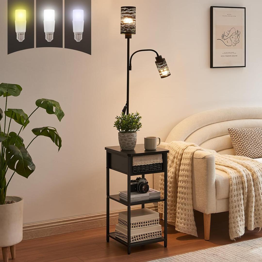 BAMGROW Floor Lamp with End Table, Side Table with Lamp Attached, Bedside Nightstand Light for Small Spaces with Wicker Drawer and Storage Shelf for Living Room, Bedroom, Guest Room, 2 Bulbs Included, 13.4"D x 11.8"W x 66"H