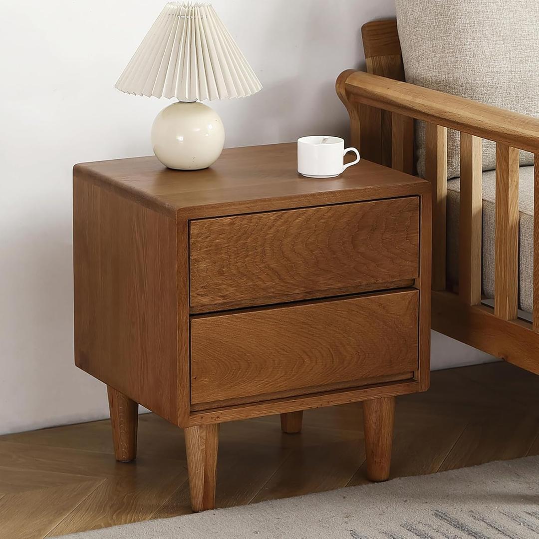 Solid Oak Wood Nightstand, Bedside Table with 2 Drawer, Mid-Century Luxury Night Stand, Modern Sofa Side End Table, Farmhouse Wooden Night Stand Bedside Table for Bedroom, Easy Assembly, Light Walnut
