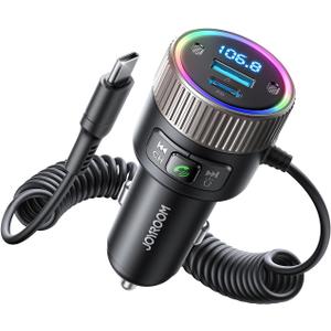 JOYROOM Bluetooth 5.4 FM Transmitter for Car, [60W PD 3.0] Bluetooth Car Adapter Fast Charging with USB C Cable, Cigarette Lighter Radio Music Adapter, Hands-Free Calling, Light Control, USB Drive