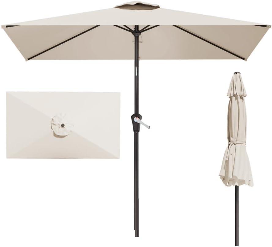 6.5' x 10' Rectangular Patio Umbrella Large Outdoor Market Umbrella w/ UV Protection, Push Button Tilt and Crank Lift, Rectangle Table Umbrella for Garden, Deck, Pool, Patio, Creamy White
