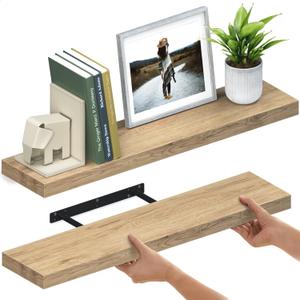 Ballucci Floating Shelves for Wall, 36" Wood Wall Shelf Set of 2, with Invisible Brackets for Bathroom, Living Room, Bedroom, Kitchen, Nursery, 8" Deep, Oak Finish (36" - 2 Pieces)