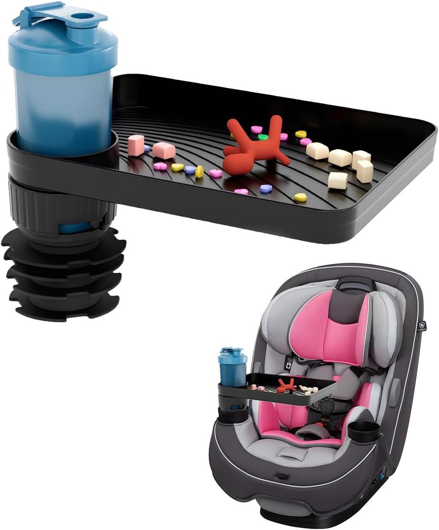 SEVEN SPARTA Car Seat Tray for Kids Toddler Travel with Soft Rubber Base, Rotatable and Removable Cup Holder Snack Tray for Food Color and Play for Family Road Trip Essentials (1, Large Base)