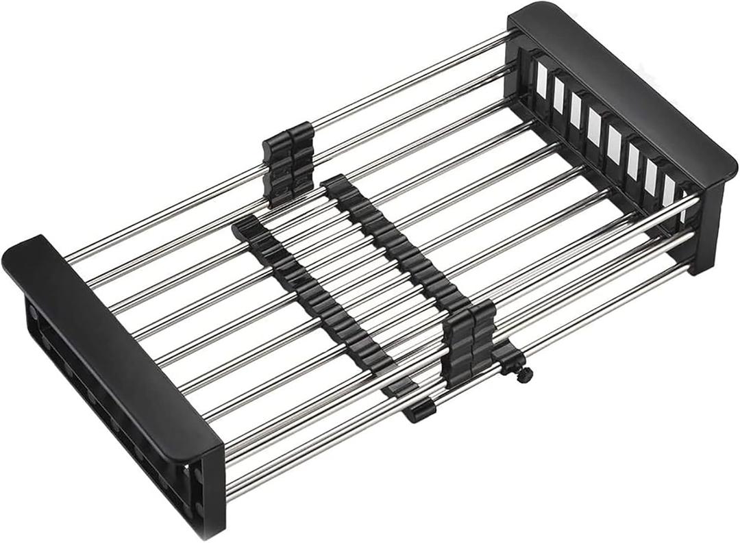 Dish Drying Rack Black, Adjustable Stainless Steel Drainer Basket Drain Tray for Dish Vegetable Fruit, 18.2" x 8.9", On or in Sink Kitchen Basket Dish Drying Rack