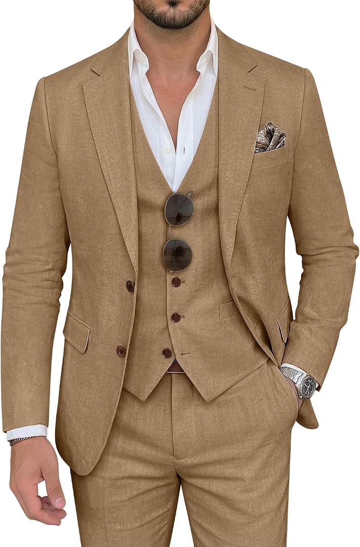 Men's Suit 3 Piece Linen Suits Slim Fit Suit Blazer Vest Pants Set Wedding Prom Tuxedos Business Casual Suit (Beige) Medium
