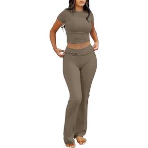 ANRABESS Lounge Sets for Women 2 Piece Foldover Yoga Flare Leggings Pants Crop Tops Casual Y2K Outfits Matching Tracksuit Set (Brown, S)