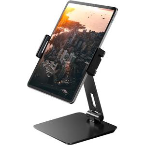 Maxonar iPad Stand Holder, Heavy-Duty Aluminum Alloy Tablet Stand, 360 Swivel Foldable iPad Pro Air Charging Stand Holder for Desk Bed Store POS Showcase Reception Kitchen Office (6-13''), Grey