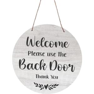 Please Use The Back Door Circular Hanging Printed Sign - Choice of two designs. Printed vinyl sign, easy to read polite notice for your guests/customers. (Whitewood)