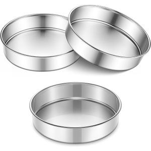 P&P CHEF 9 Inch Cake Pan Set of 3, 3 Pieces Round Layer Cake Baking Pans, Stainless Steel Smash Cake Tin Bakeware for Cooking Steaming, Nontoxic & Sturdy, Oven & Dishwasher Safe