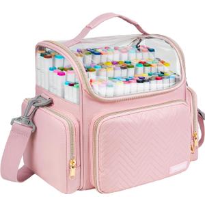 Marker Organizer Case for 180-300 Markers,Travel Marker Storage Bag with Dividers and 4 Pockets,Marker Organizer Holder for Paint Brushes,Colored Pencils and Other Art Supplies,Bag Only,Pink