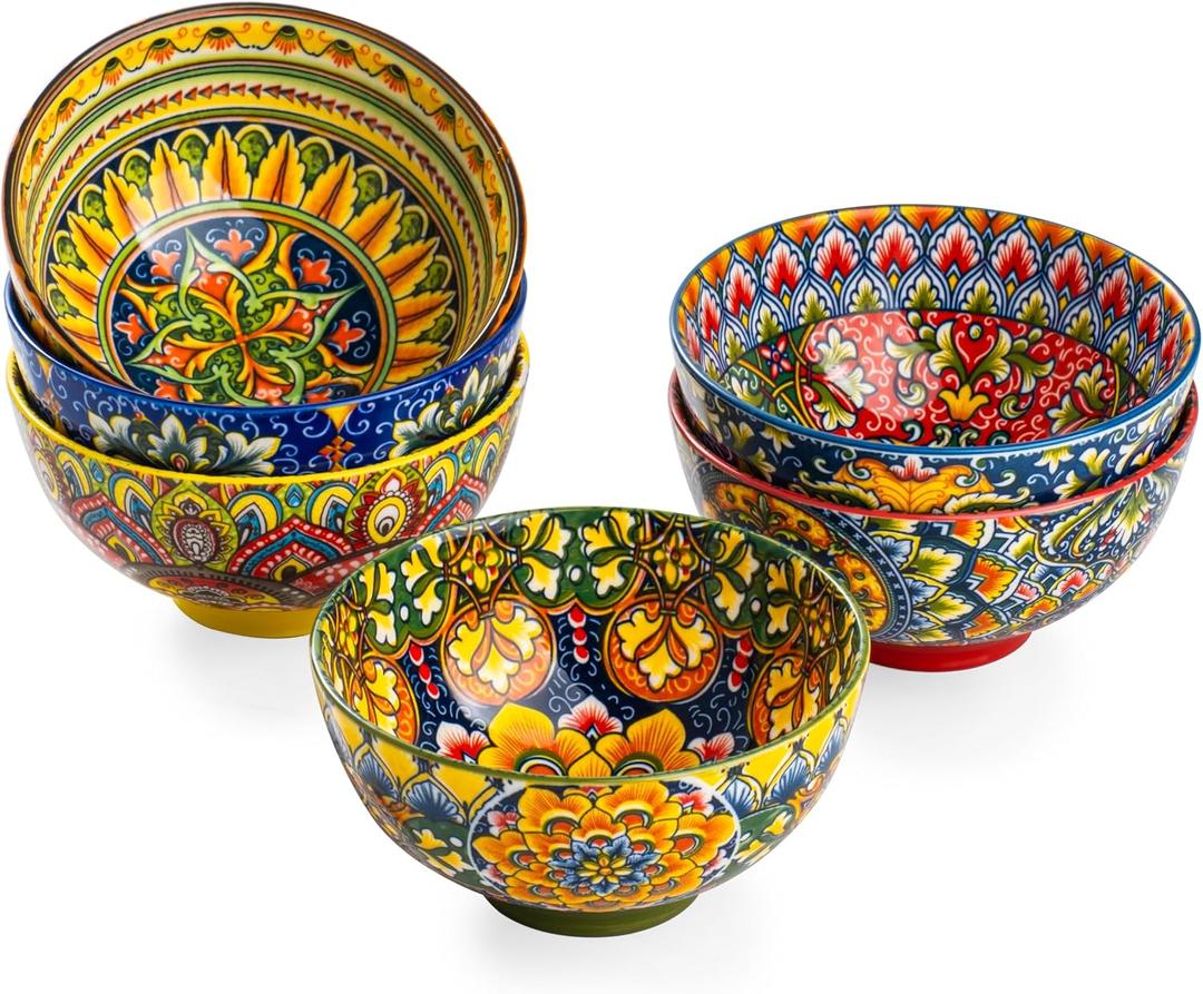 Henten Home Ceramic Dessert Bowls Set of 6, Bohemia 10 oz Snack Serving Bowl, Porcelain Colorful Bowls for Snack, Soup, Ice Cream, Decorative, Microwave & Dishwasher Safe
