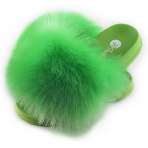Women's Faux Fur Slides, Open Toe Cute Fur Slippers, Indoor or Outdoor Comfortable Furry Slide Sandals With Fluffy Fur (8-8.5, Green)