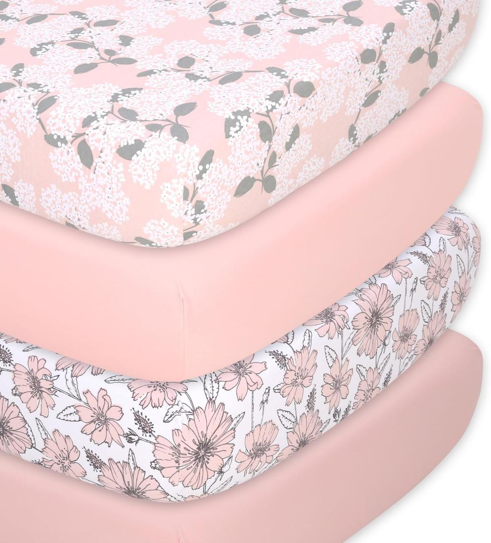 The Peanutshell Baby Organic Bassinet Sheets 4-Pack Unisex - Soft, Oval & Rectangle Baby Girls or Boys Sheet, 100% Jersey Cotton, Fitted Covers for Crib, Halo Bassinet Mattress - Cottage Floral, 33x15