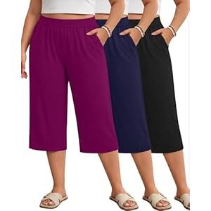 Huukeay 3 Pack Women's Plus Size Capri Pants Loose Fit Wide Leg Capris Sweatpants Summer High Waisted Yoga Pants with Pockets(Black, Navy Blue, Fuchsia, 4X-Large)