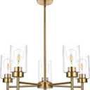 5-Light Farmhouse Chandelier for Dining Room Kitchen Island, Modern Chandeliers Brushed Brass Pendant Lighting Fixtures with Clear Glass Shades for Living Room, Bedroom, Foyer (Gold)