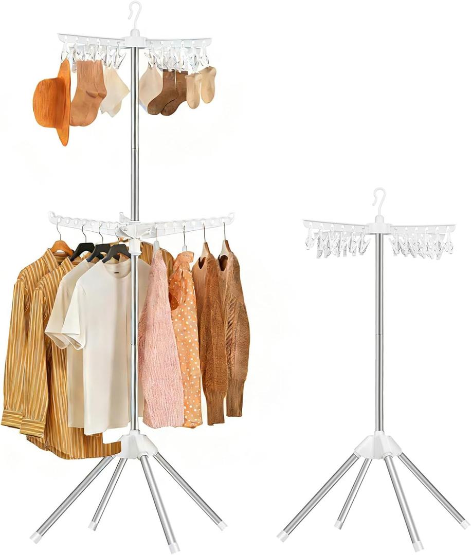 Foldable Clothes Drying Rack - 2 Tier Laundry Drying Rack, Portable Clothing Rack with Rotating Clothes Rail with 24 Clips and 3 Rotatable Arms, Suitable for Flats and Small Rooms