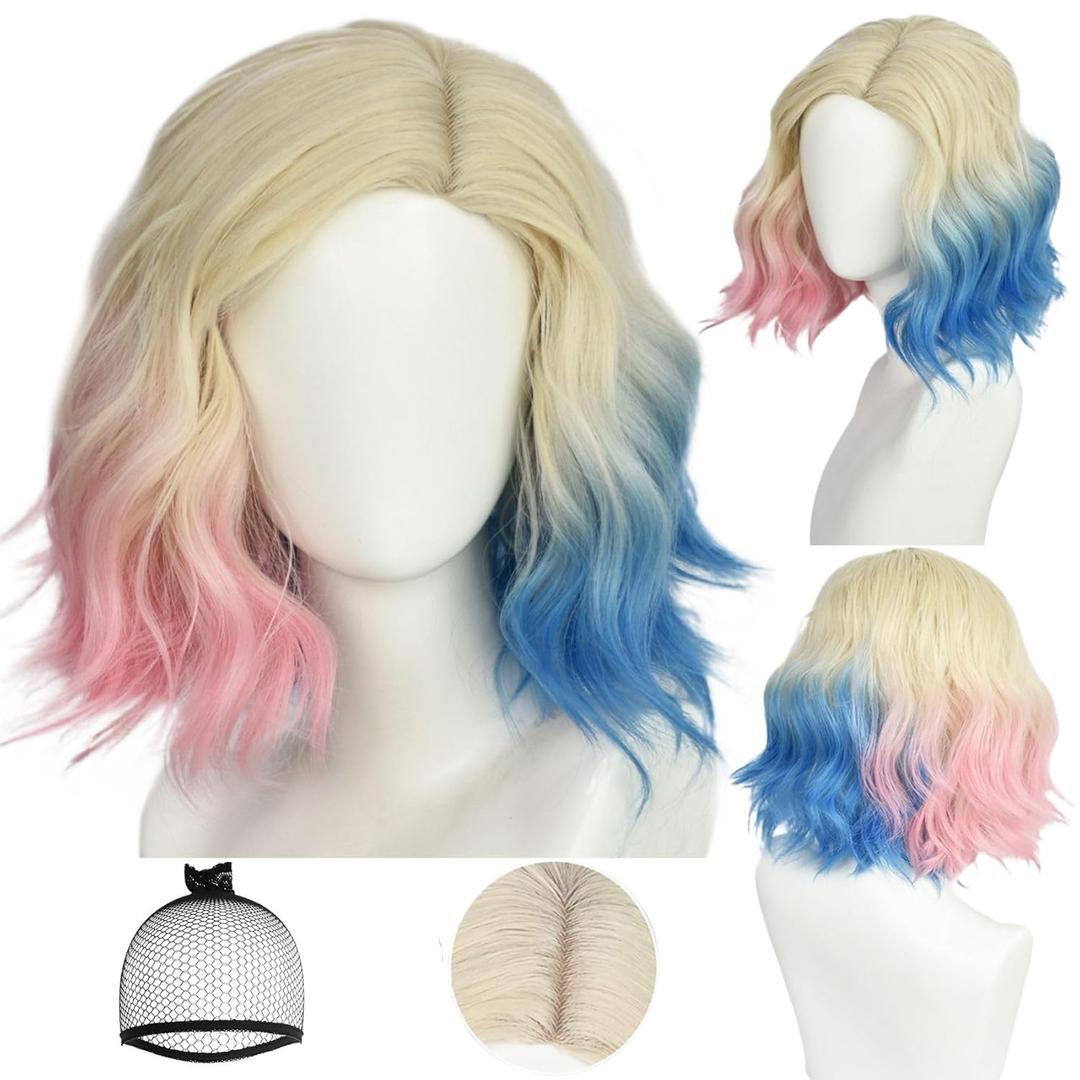 ANOGOL Wig Cap+ Blonde Wig with Pink Blue Ombre Women Cosplay Blonde Gradient Wigs Wavy Short Bob Wig for Women Blond Bob Wig with Pink and Blue Dyed Tip Halloween Party Costume Wigs