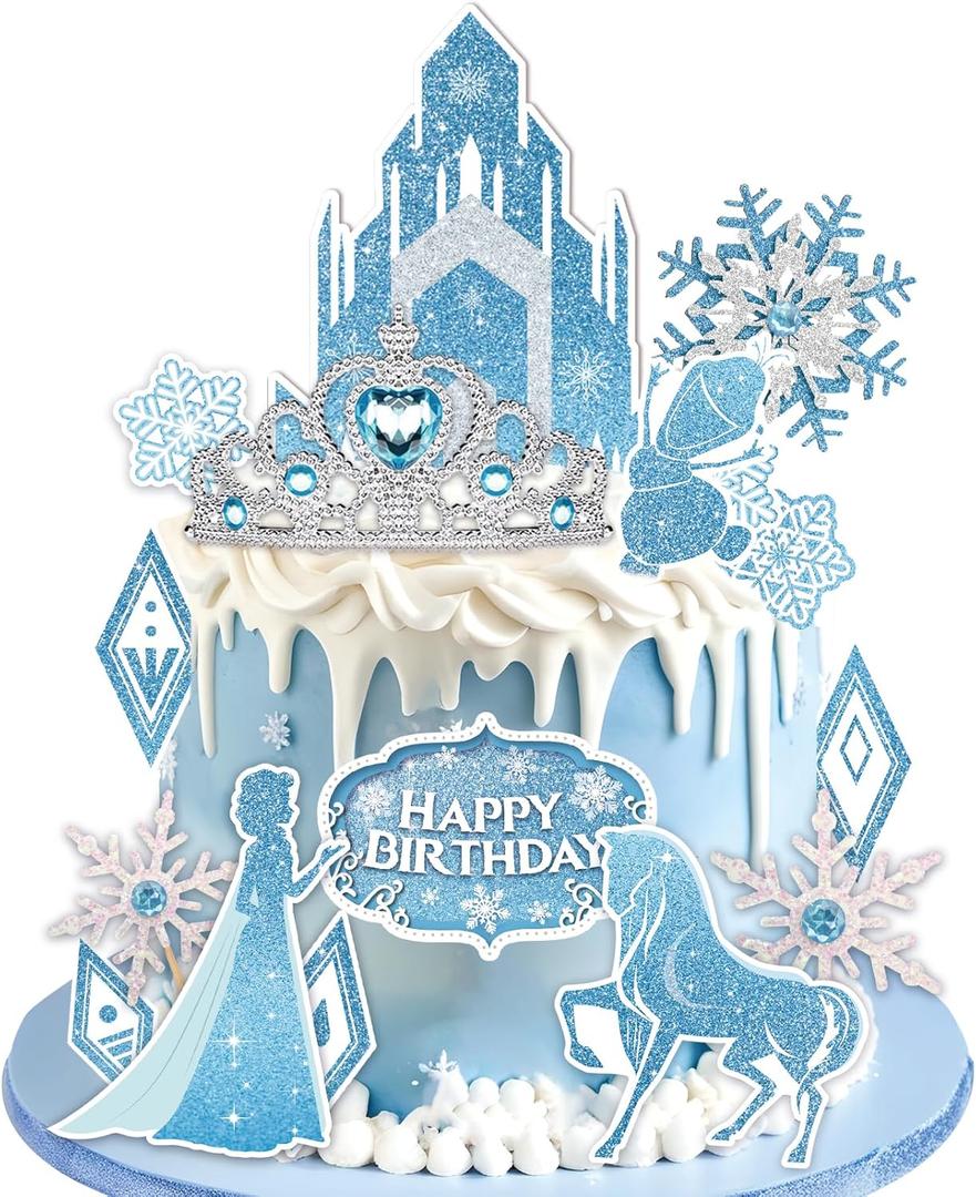 GZDUCK Ice Princess Cake Toppers- 16 Pcs Snow Theme Princess Cake Decorations with Castle, Crown, Snowflake Castle Birthday Cake Topper for Girls Kids Baby Shower