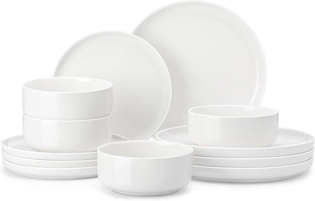 MALACASA 12 Pcs Porcelain Plates and Bowls Sets Dinnerware Set for 4, White Modern Ceramic Dishware Set, Kitchen Dining Ware, Microwave and Dishwasher Safe, Chip Resistant, Series LUNA