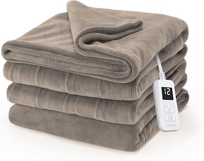 Sunbeam Electric Royal Luxe Microplush Heated Blanket, 12 Heat Settings, 12-Hour Selectable Auto Shut-Off, Fast Heating, Warm and Cozy, Mushroom Color, Full, 84" x 72"
