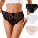 J-pone Sexy Womens Lace Underwear High Wasited Panties Breathable Floral Ladies Briefs, 3 Pack (3 Pack, Black,white,skin Color), XL