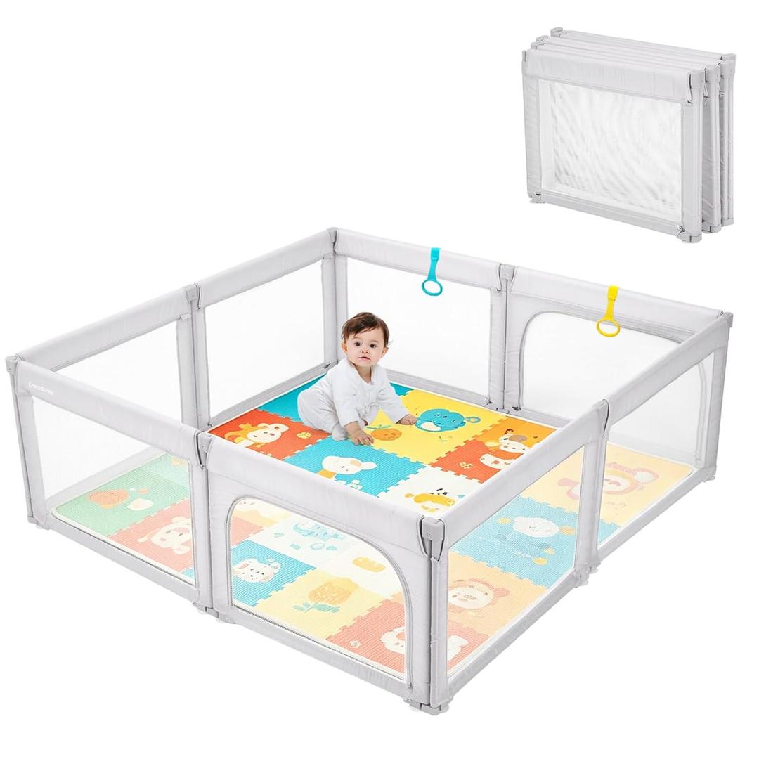 Doradotey Foldable 71"x79" Baby Playpen 8-Panel Breathable Mesh Play Yard with Shape-Flex Design, Easy No-Tools Setup & Portable Storage for Indoor/Outdoor Safety, Light Grey