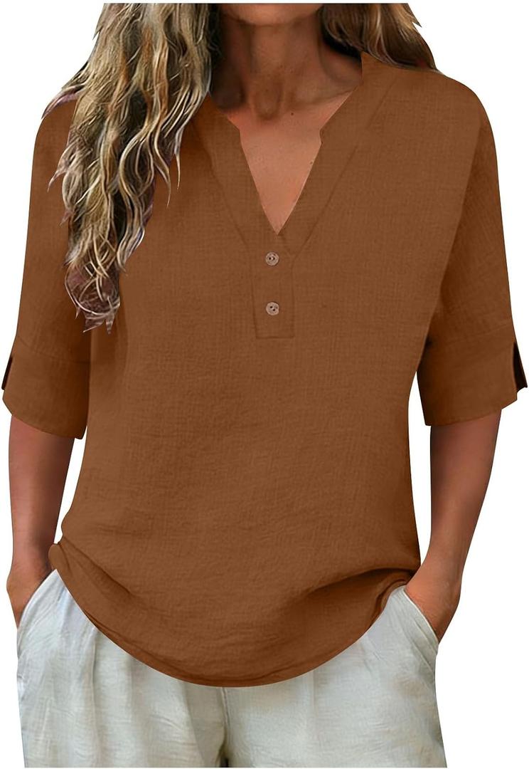 Linen Shirts for Women - V Neck 3/4 Sleeve Loose Fit Cotton Tops Linen Button Down Casual Dressy Clothes for Summer 2026 (Brown), Large