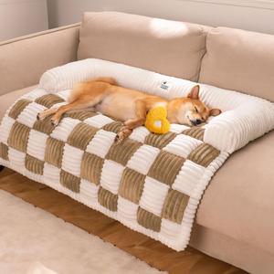 FUNNY FUZZY Pet Couch Covers for Sofa, Large Dog Couch Bed Cover Cream Square Plaid Washable Pet Mat for Furniture Protector Sofa Cover for Dogs, Large, Light Brown, 39.0"L x 33.5"W x 6.3"Th