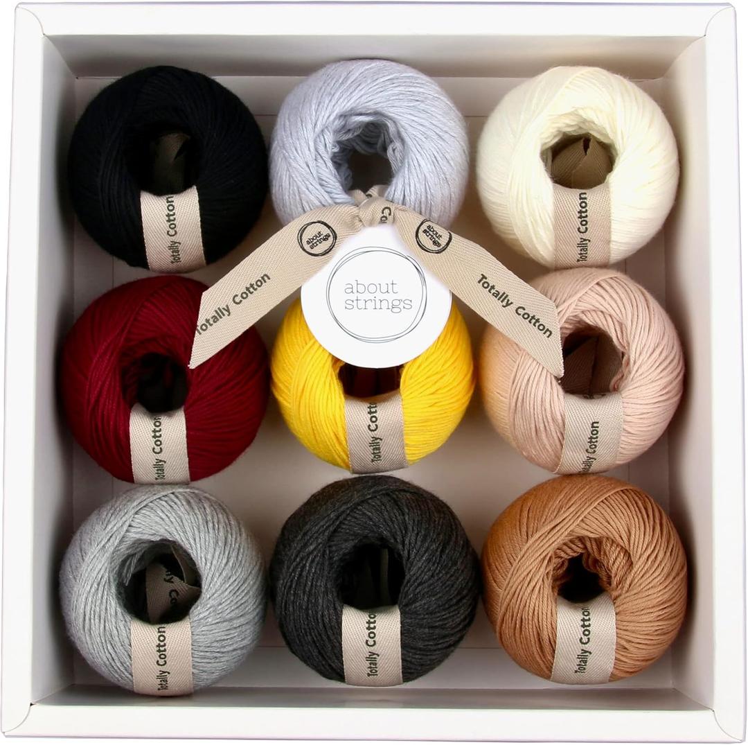 About Strings 100% GOTS Organic Cotton Yarn - 9 Neutral Colors Expresso Box Set, True DK Weight, Machine Washable, Baby Safe, 963m Total (50g x 9) Crochet Knitting (Expresso)