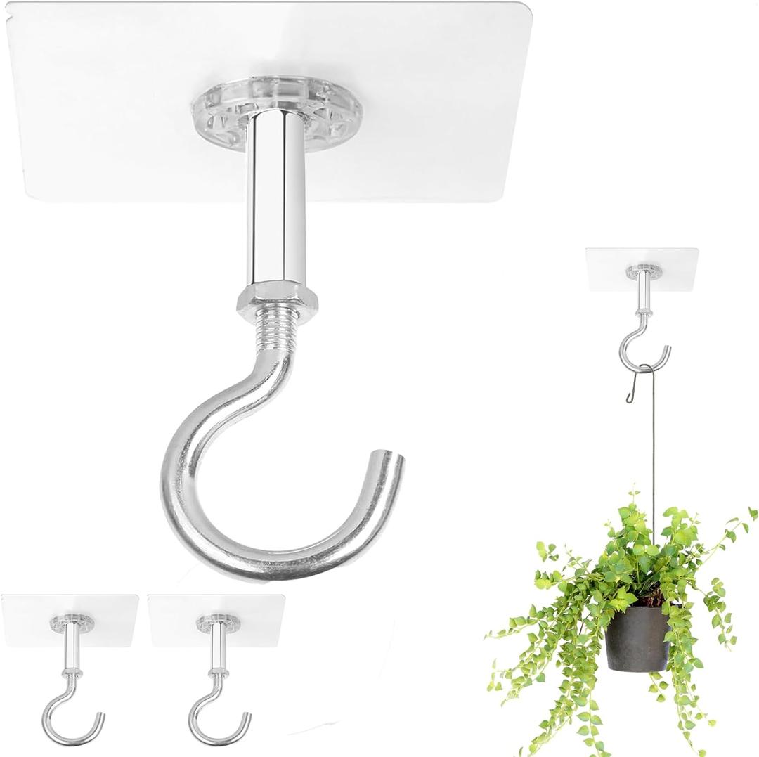 2 Pack Ceiling Hook for Hanging Plants, Adhesive Ceiling Hooks Heavy Duty Holds Up to 30lbs, Stick On for Flower Pots, Lights, Lanterns, Wind Chimes, Decorations, Bird Feeders.