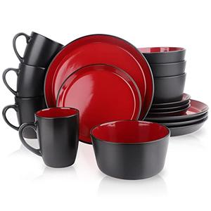 GOOD ALWAYS Plates and Bowls Sets, 16 Pieces Dinnerware Sets, Dishes Set for 4, Christmas, Kitchen Set is Home Essentials, Black & Red